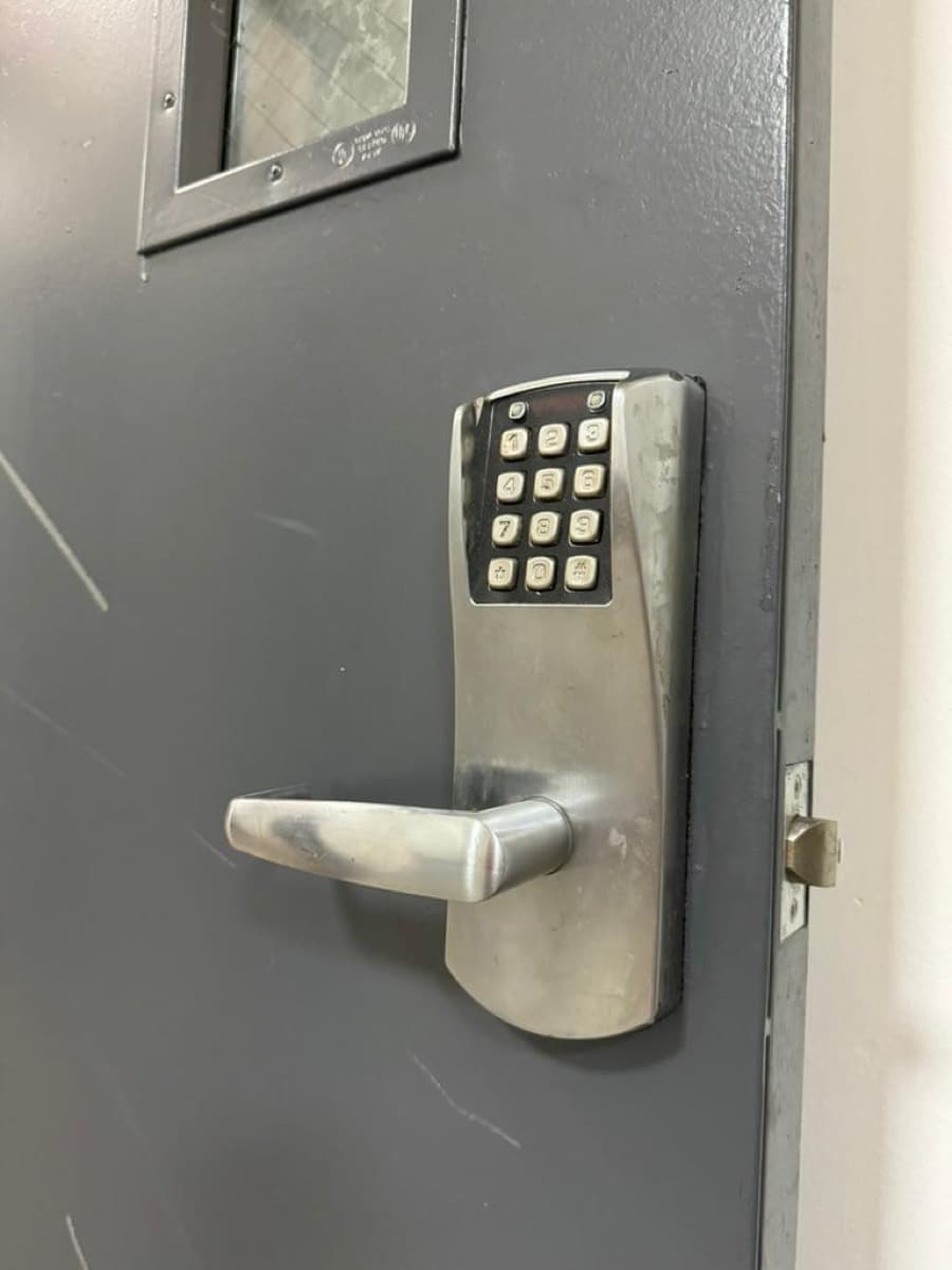 Commercial keypad lockset on an office door